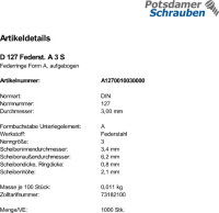 1000 Federringe DIN 127 Federstahl Form A M3