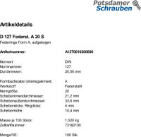 100 Federringe DIN 127 Federstahl Form A M20