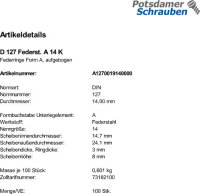 100 Federringe DIN 127 Federstahl Form A M14