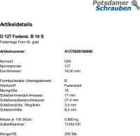 250 Federringe DIN 127 Federstahl Form B M16