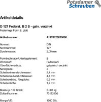 1000 Federringe DIN 127 verzinkt Form B M2