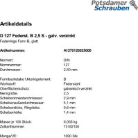 1000 Federringe DIN 127 verzinkt Form B M2,5