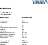 500 Edelstahl V4A Federringe DIN 128 A4 A 12