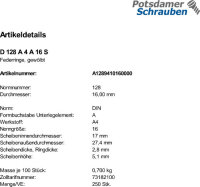 250 Edelstahl V4A Federringe DIN 128 A4 A 16