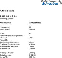 1000 Edelstahl Federringe DIN 128 1.4310 B 8