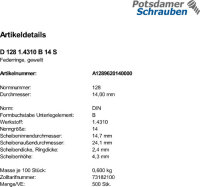 500 Edelstahl Federringe DIN 128 1.4310 B 14
