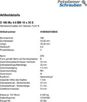 25 Hammerschrauben + Mutter DIN 186 4.6 Stahl BM10x35