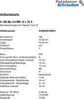 10 Hammerschrauben + Mutter DIN 186 4.6 Stahl BM10x70