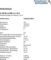 25 Hammerschrauben + Mutter DIN 186 4.6 Stahl BM12x30