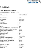 10 Hammerschrauben + Mutter DIN 186 4.6 Stahl BM20x80