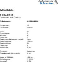 25 Edelstahl V2A Flügelmuttern DIN 315 A2 M8