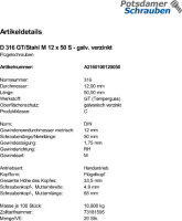 20 Flügelschrauben DIN 316 verzinkt M12x50
