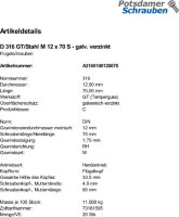 20 Flügelschrauben DIN 316 verzinkt M12x70