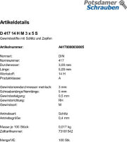 100 Gewindestifte DIN 417 14H M3x5 Stahl