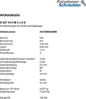 100 Schaftschrauben DIN 427 14H M3x6 Stahl