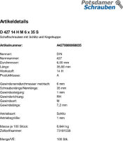100 Schaftschrauben DIN 427 14H M6x35 Stahl