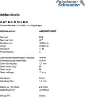 50 Schaftschrauben DIN 427 14H M10x45 Stahl