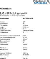 100 Schaftschrauben DIN 427 14H M3x10 verzinkt Stahl