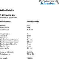 100 Scheiben DIN 432 Stahl 8,4