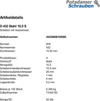 50 Scheiben DIN 432 Stahl 10,5