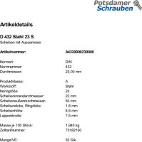 50 Scheiben DIN 432 Stahl 23