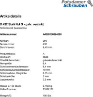 100 Scheiben DIN 432 verzinkt 6,4