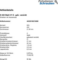 50 Scheiben DIN 432 verzinkt 21