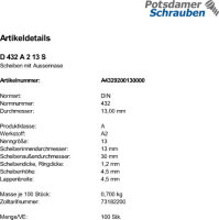 100 Edelstahl V2A Scheiben DIN 432 A2 13