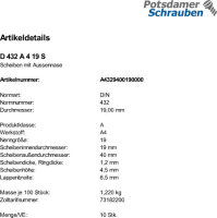 10 Edelstahl V4A Scheiben DIN 432 A4 19