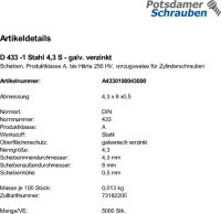 5000 Scheiben DIN 433 -1 verzinkt 4,3