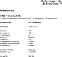500 Scheiben DIN 433 -1 Messing 4,3