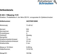 100 Scheiben DIN 433 -1 Messing 13