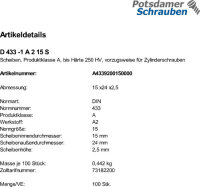 100 Edelstahl V2A Scheiben DIN 433 -1 A2 15