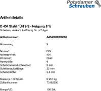 100 U-Scheiben DIN 434 Stahl / ÃœH 9