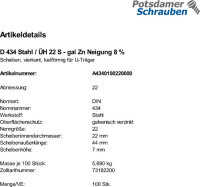 100 U-Scheiben DIN 434 Stahl / ÃœH 22