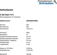 100 Scheiben DIN 462 Stahl 10