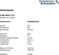 100 Scheiben DIN 463 Stahl 3,2