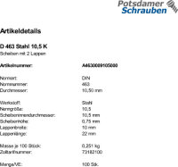 100 Scheiben DIN 463 Stahl 10,5