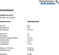 25 Edelstahl V4A Scheiben DIN 463 A4 4,3