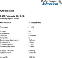 1000 Sicherungsringe DIN 471 Federstahl 21x1,2