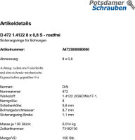 100 Edelstahl Sicherungsringe DIN 472 1.4122 8x0,8