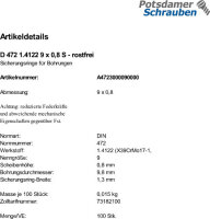 100 Edelstahl Sicherungsringe DIN 472 1.4122 9x0,8