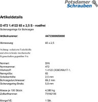 1 Edelstahl Sicherungsringe DIN 472 1.4122 65x2,5