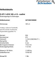 1 Edelstahl Sicherungsringe DIN 472 1.4310 165x4