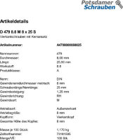 100 Vierkantschrauben DIN 479 8.8 Stahl M8x25