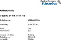 100 Anschweissenden + Mutter DIN 525 3.6 Stahl M8x140 /40