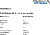 50 Steinschrauben + Mutter DIN 529 3.6 verzinkt CM10x100