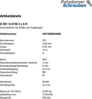 200 Schlitz Gewindestifte DIN 551 14H Stahl M3x6