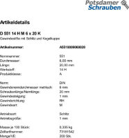 200 Schlitz Gewindestifte DIN 551 14H Stahl M6x20