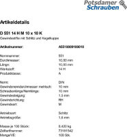 100 Schlitz Gewindestifte DIN 551 14H Stahl M10x10